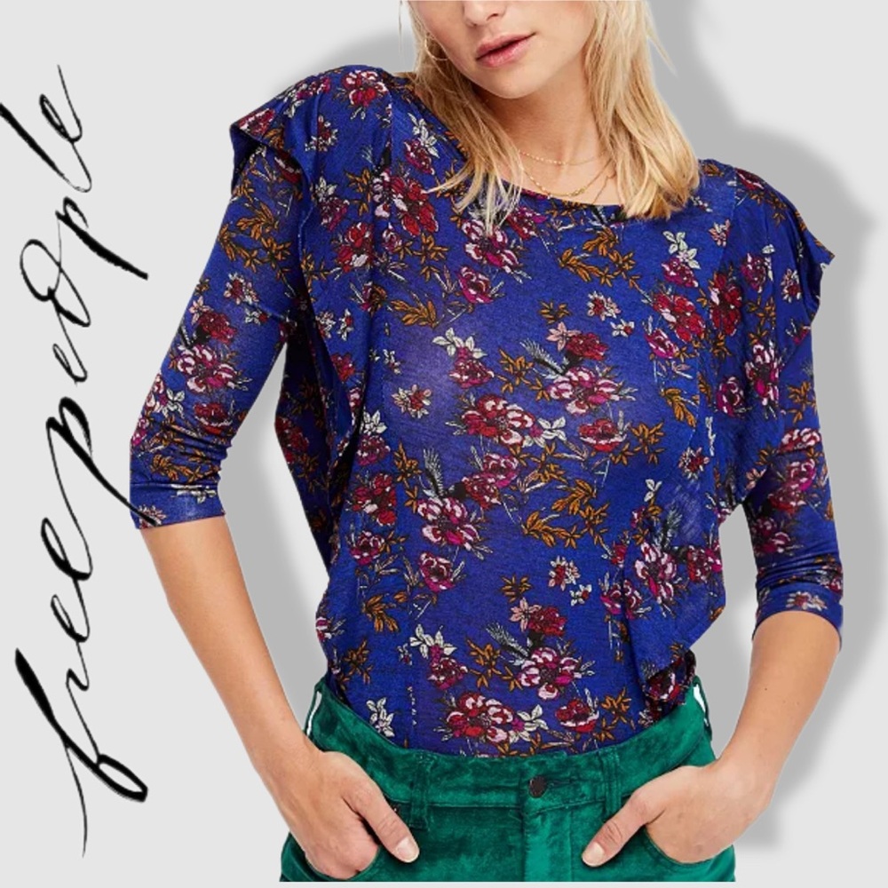 Free People Royal Blue Floral Blouse